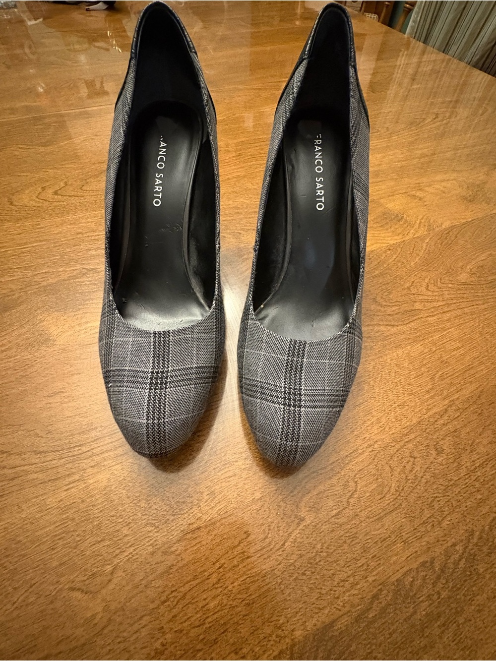 Franco Sarto Gray Plaid Pointed Toe Heels